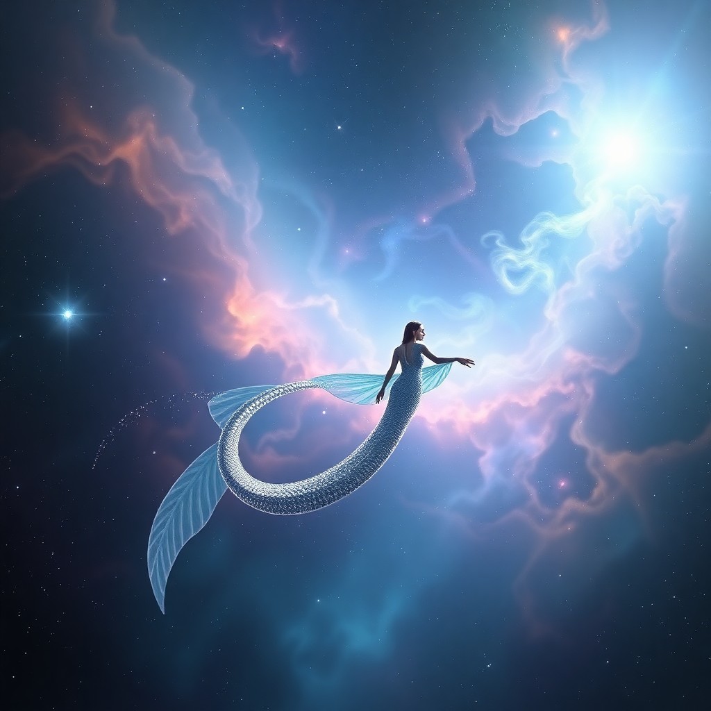 AI generated art for prompt: A celestial mermaid gracefully glides through a luminous nebula in this mesmerizing digital artwork.