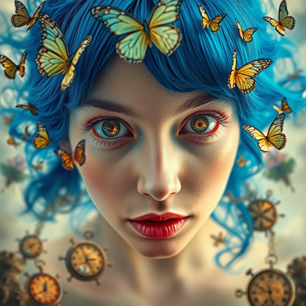 AI generated art for prompt: A surreal portrait captures a woman with vibrant blue hair from which butterflies emerge, creating a