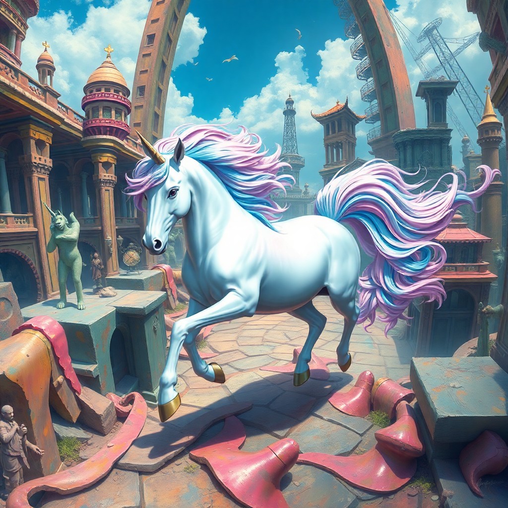 AI generated art for prompt: A surreal digital painting showcases a majestic unicorn with an iridescent mane gracefully galloping