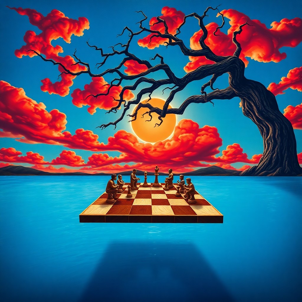 AI generated art for prompt: Craft an image that embodies the surrealistic style of Dali's paintings, illustrating a chessboard h