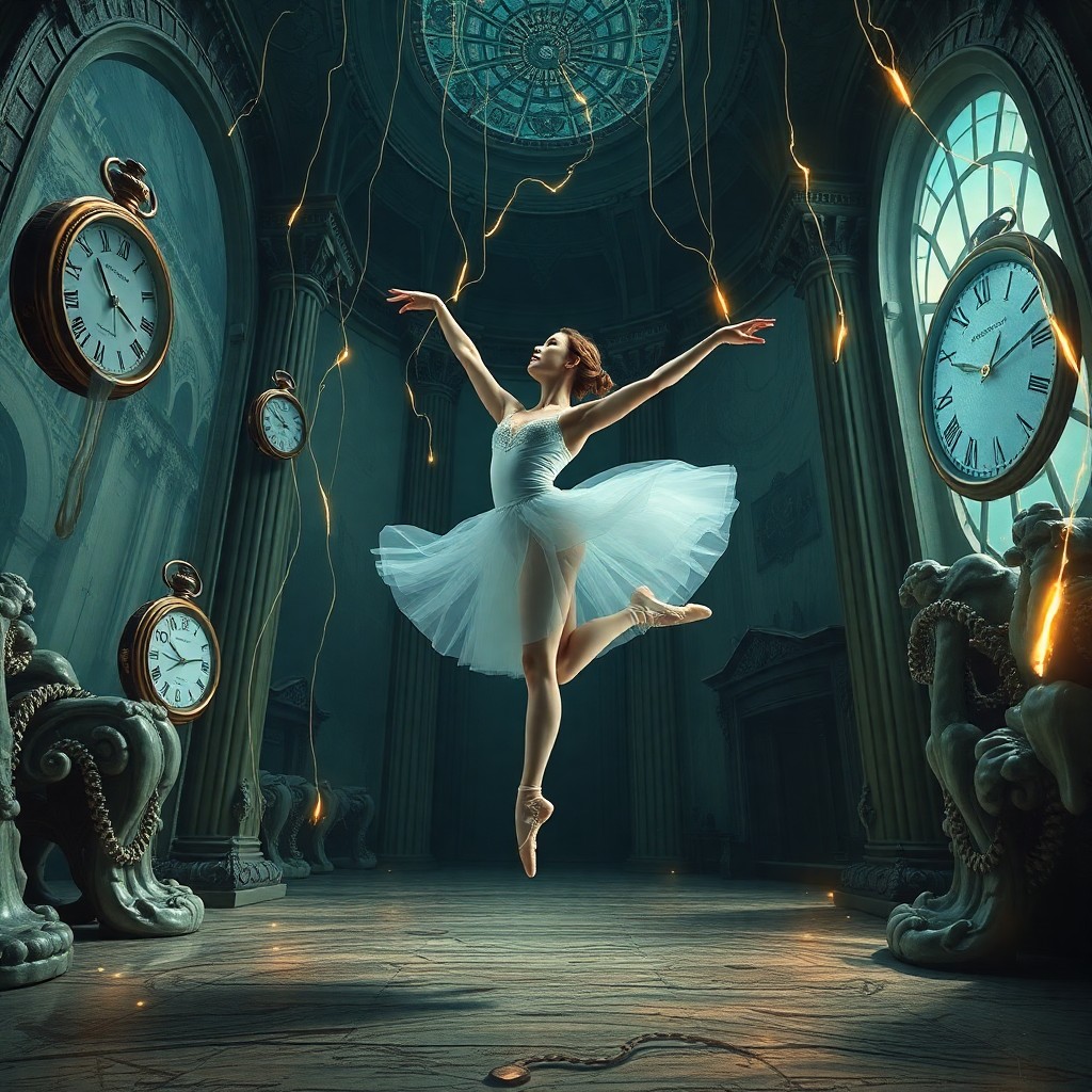 AI generated art for prompt: A digital art portrait captures the ethereal elegance of a ballerina in mid-movement, her form grace