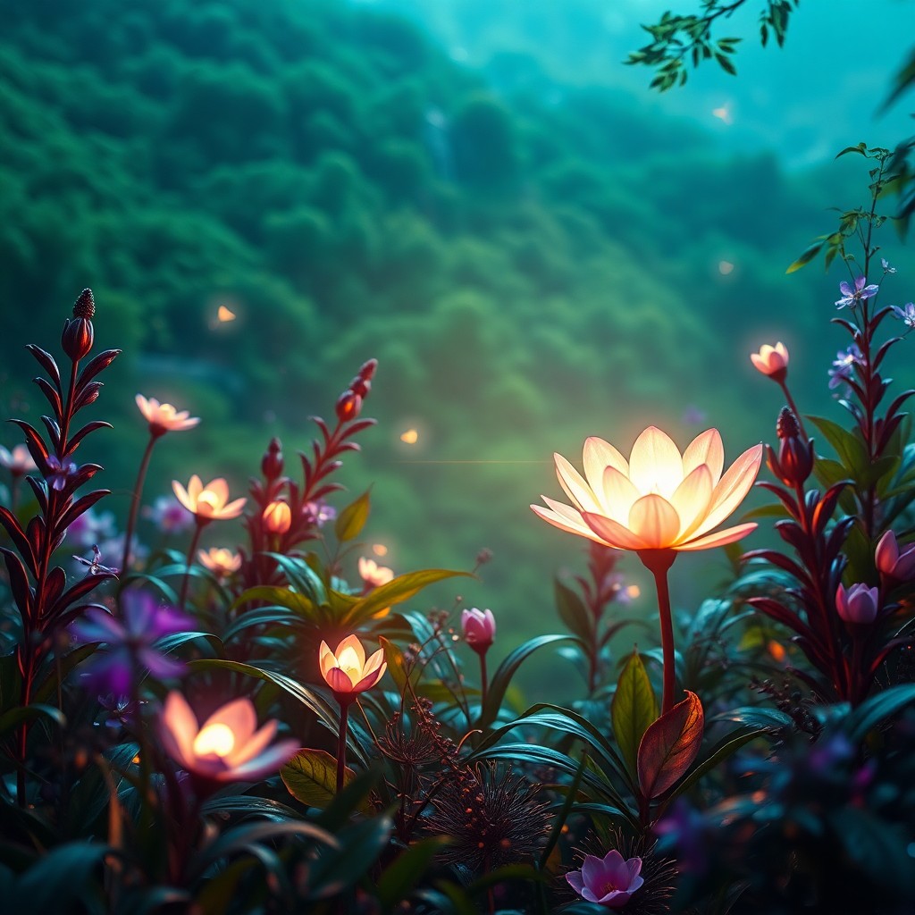 AI generated art for prompt: A hyperrealistic digital artwork depicting an enchanting garden from a close-up perspective, illumin