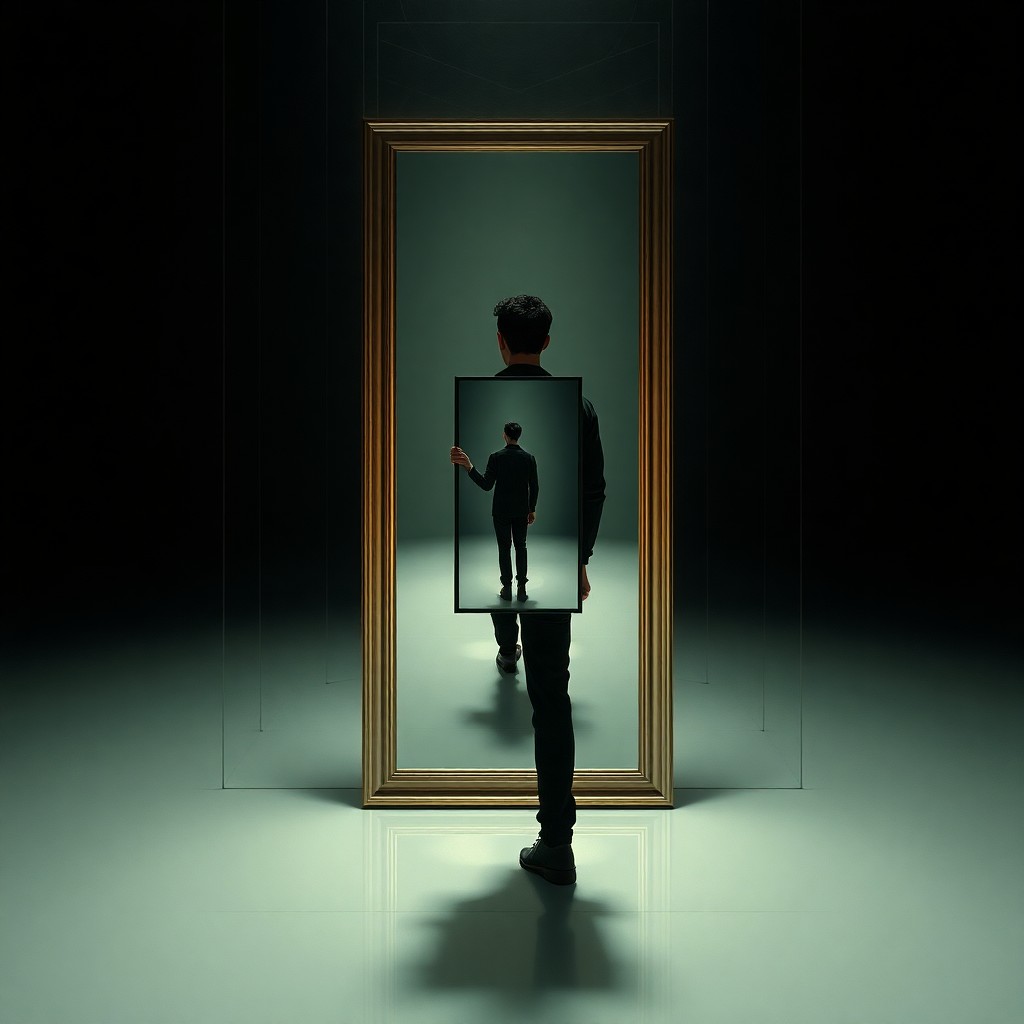 AI generated art for prompt: A surreal digital art piece depicts a person standing before a mirror, holding another in their hand