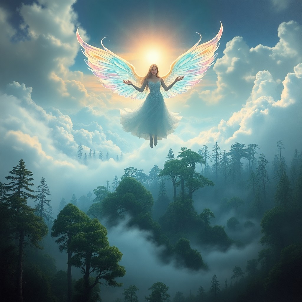 AI generated art for prompt: A dreamlike landscape showcasing an ethereal figure with iridescent wings and a radiant aura soaring