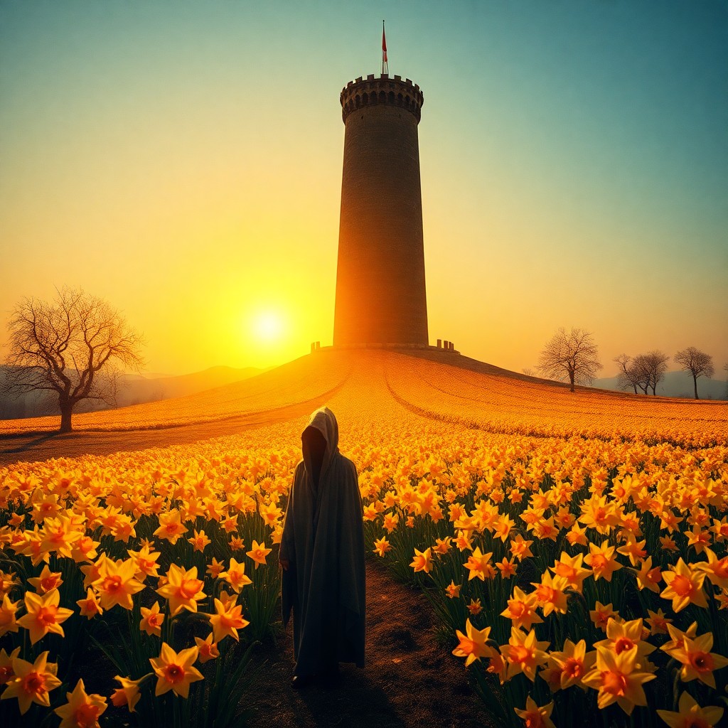 AI generated art for prompt: A surreal landscape emerges with an imposing tower dominating an expansive field of blooming daffodi