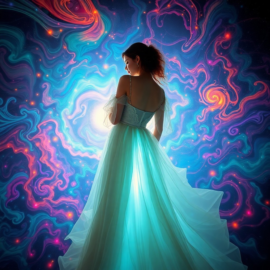 AI generated art for prompt: A mesmerizing surrealist scene unfolds, showcasing an ethereal Victorian woman in a flowing gown as 