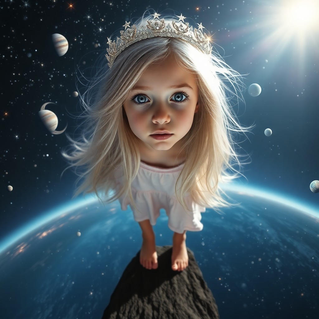 AI generated art for prompt: A portrait of a young girl with flowing silver hair wearing a crown of shimmering starlight, her eye