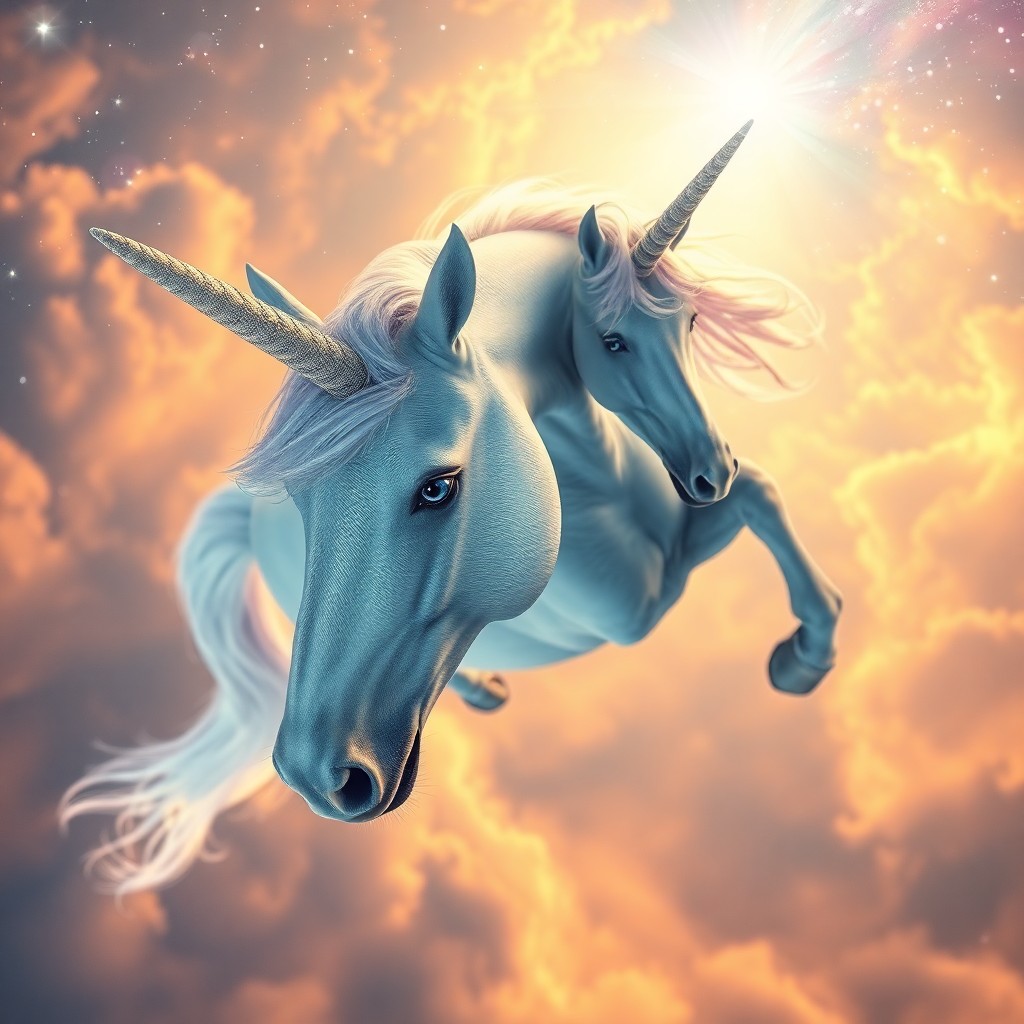 AI generated art for prompt: Visualize an enchanting dreamscape where a majestic unicorn gracefully hovers in midair, its iridesc