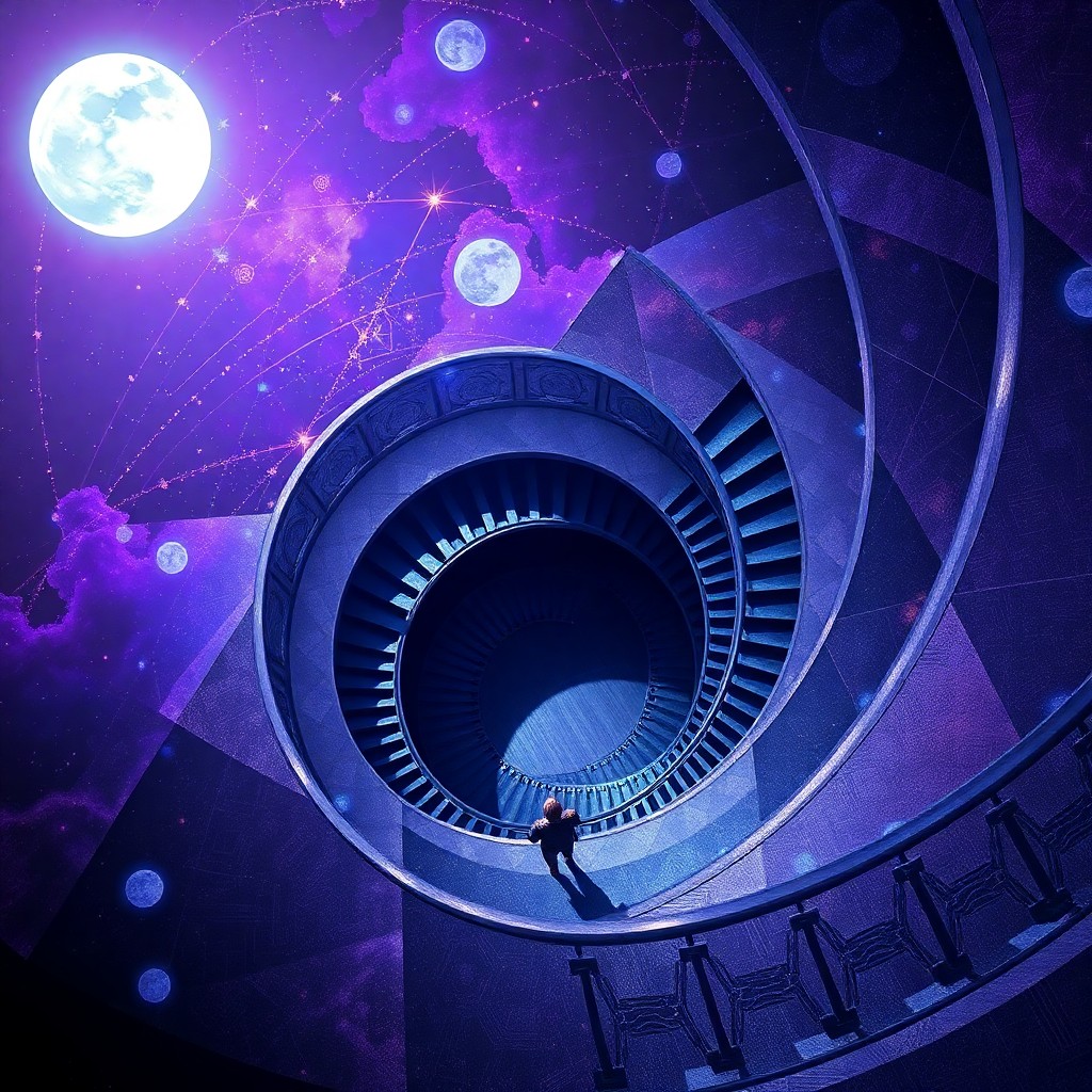 AI generated art for prompt: A mesmerizing digital artwork captures an impossible staircase spiraling into the cosmos from a bird