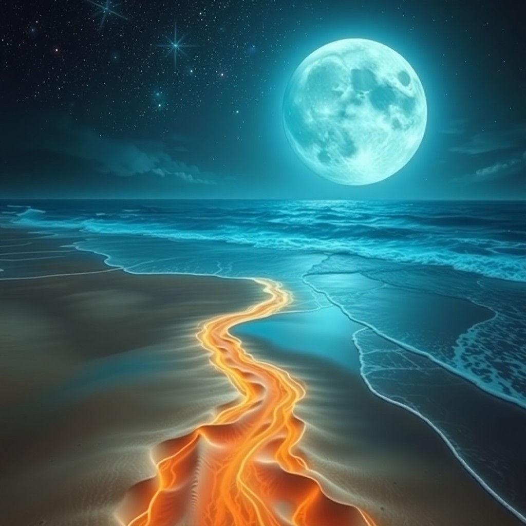 AI generated art for prompt: A surreal digital artwork depicting a vast, moonlit beach with ocean waves crashing upon an enigmati