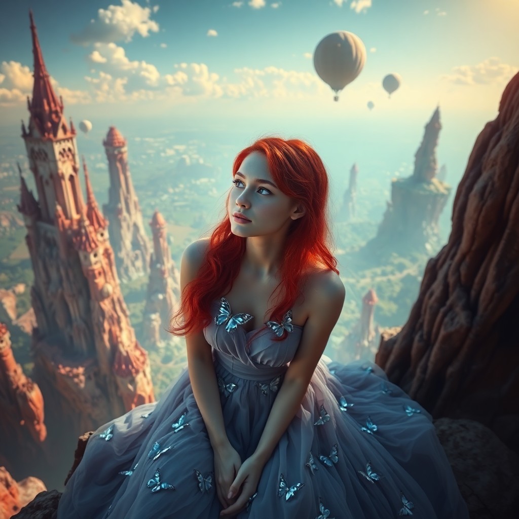 AI generated art for prompt: A surreal portrait captures a young woman with vibrant red hair, her flowing dress adorned with shim