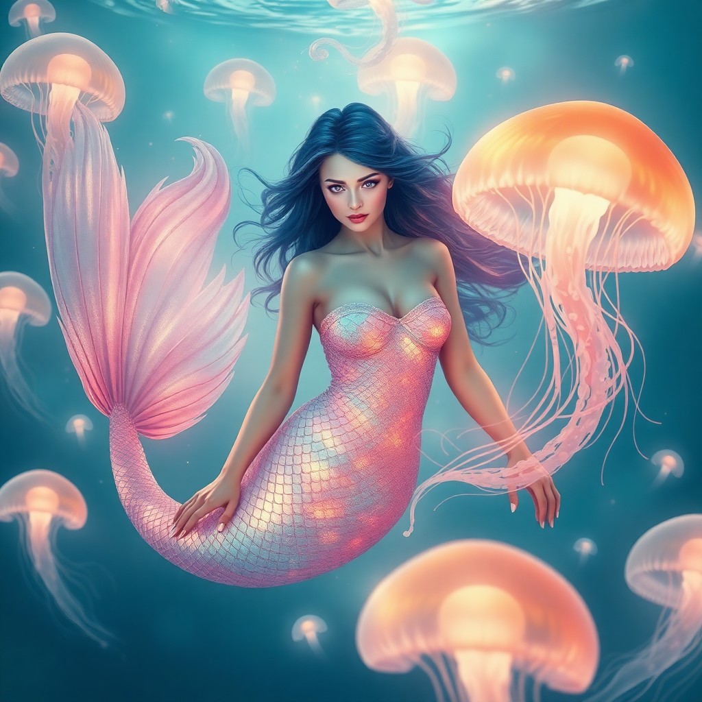 AI generated art for prompt: A dreamlike vision showcases a mesmerizing mermaid princess with iridescent scales gliding gracefull