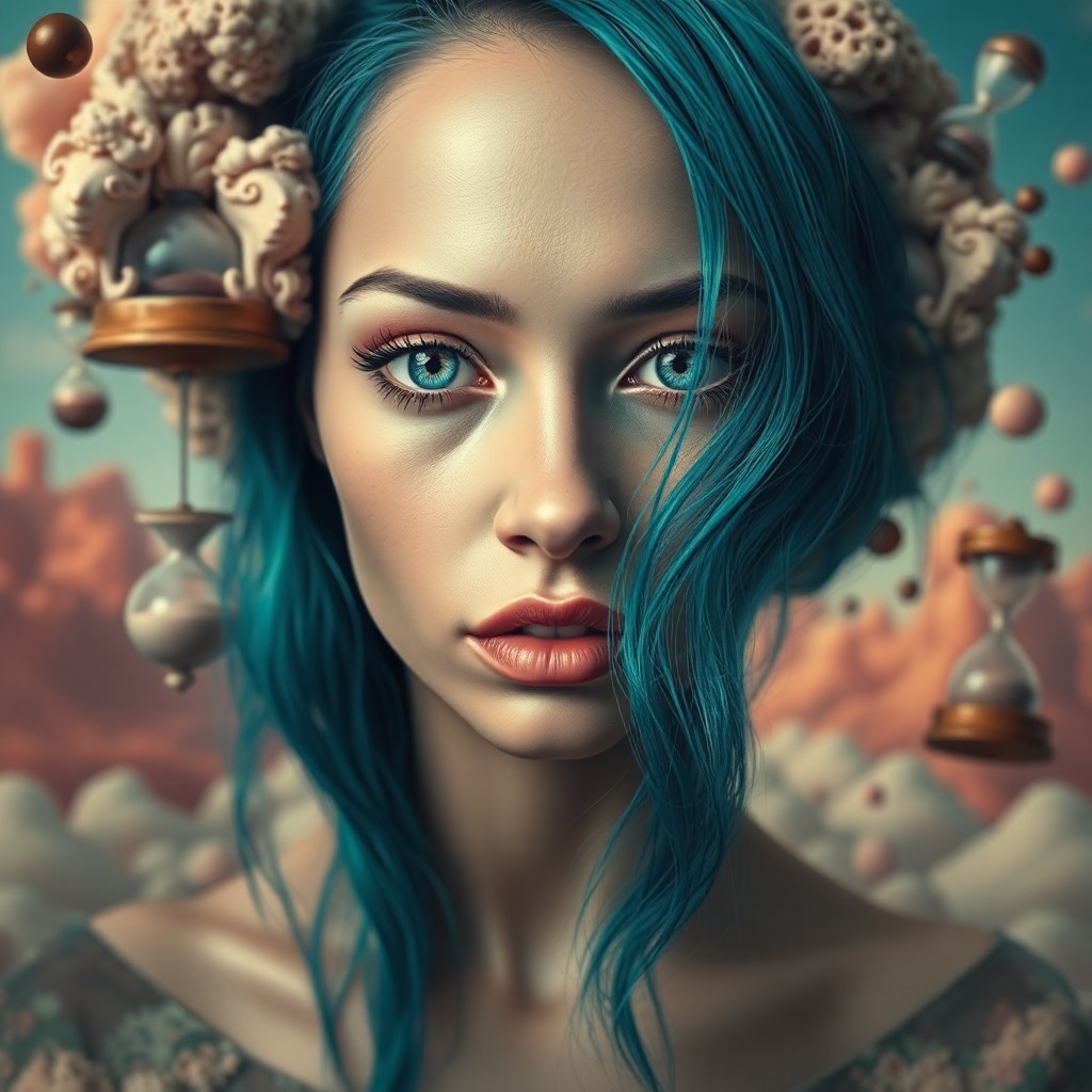 AI generated art for prompt: A captivating portrait, reminiscent of surrealistic landscapes and meticulous realism, portrays a wo