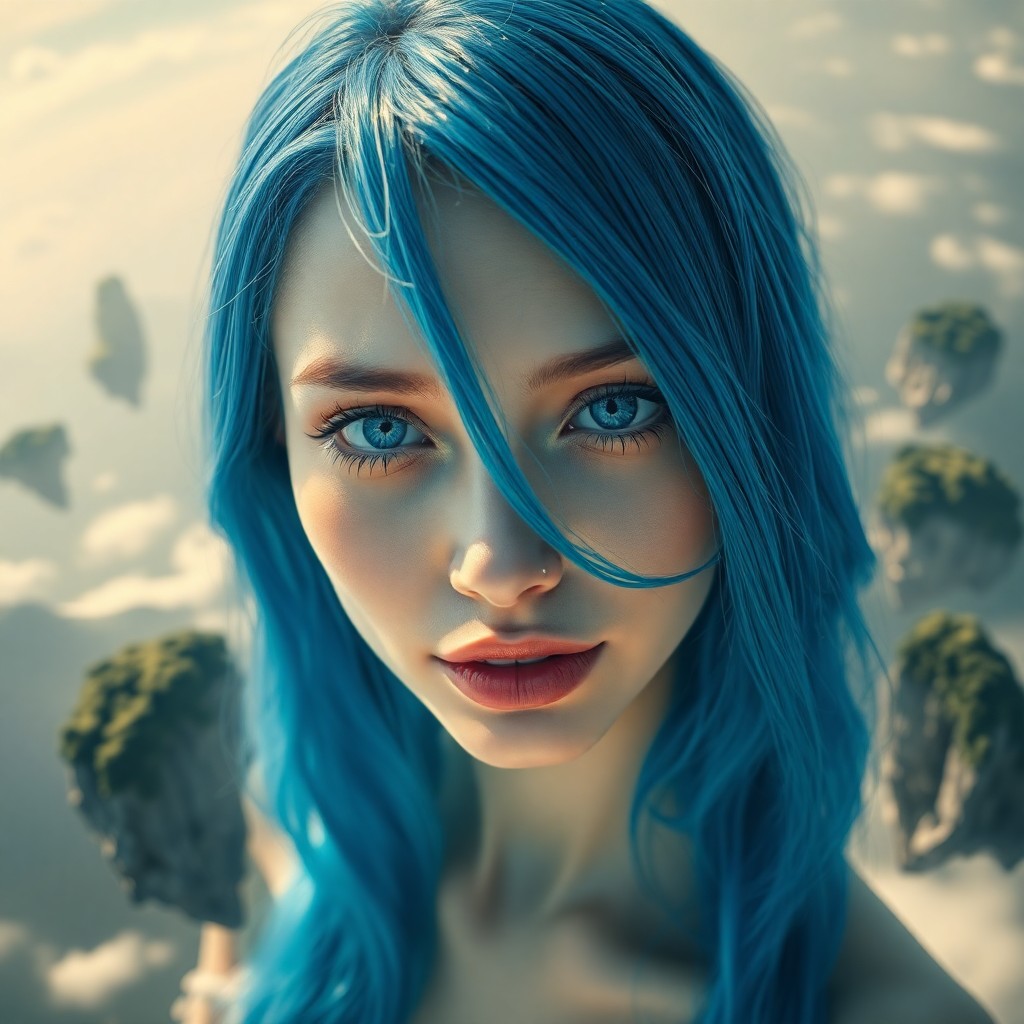 AI generated art for prompt: An ethereal portrait in the style of surrealist art, capturing a woman with cascading blue hair that