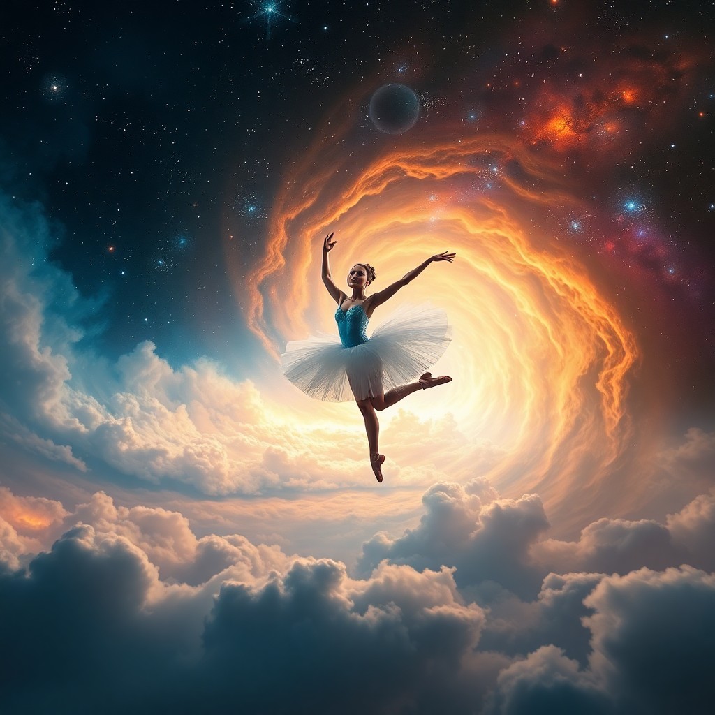 AI generated art for prompt: A surreal digital artwork depicting a cosmic ballet dancer suspended in a vortex of swirling galaxie