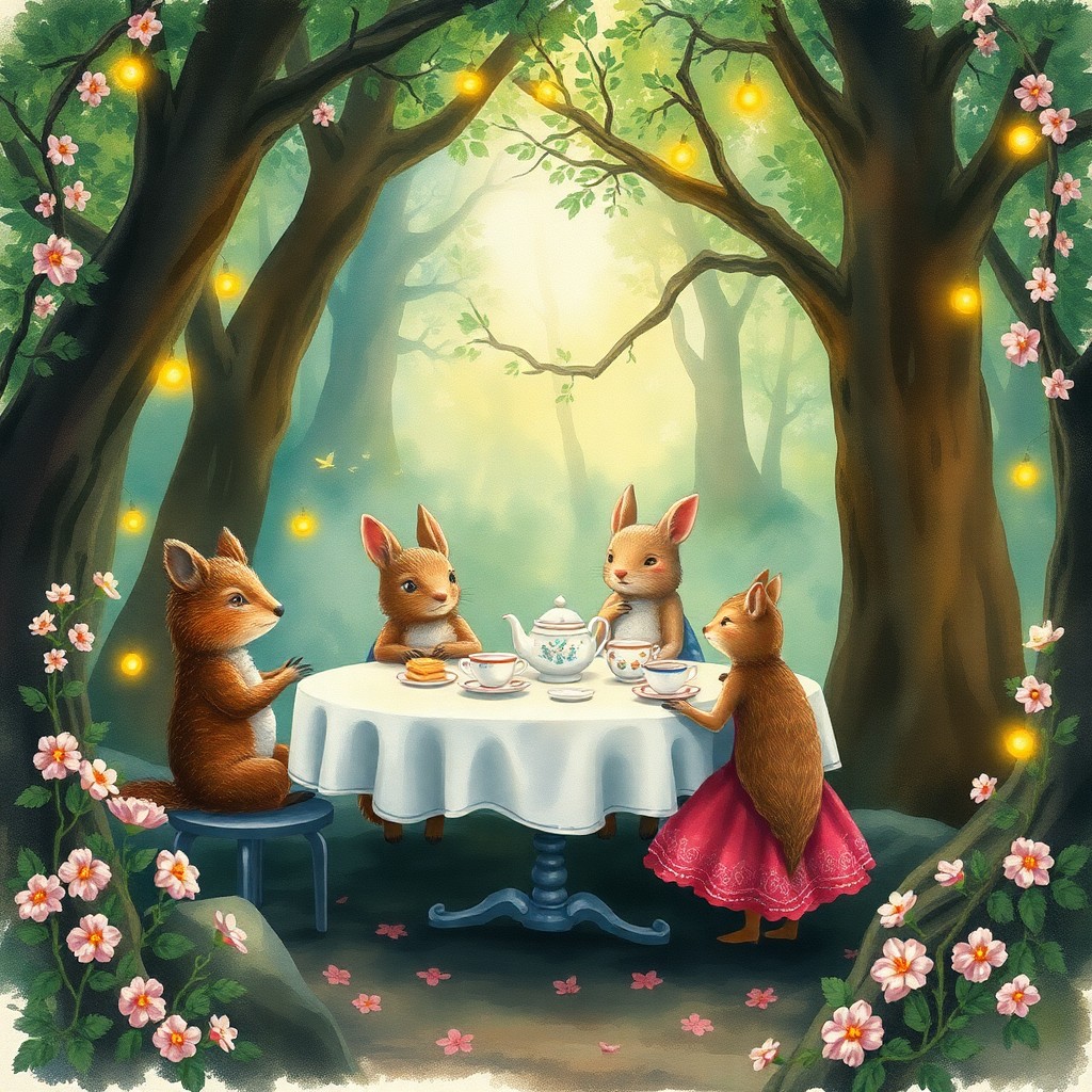 AI generated art for prompt: Craft an enchanting watercolor scene capturing a whimsical tea party nestled in a serene, magical fo