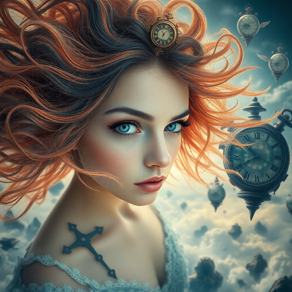 AI generated art for prompt: A surreal portrait capturing a woman with flowing, watercolor-like hair and captivating, swirling ey