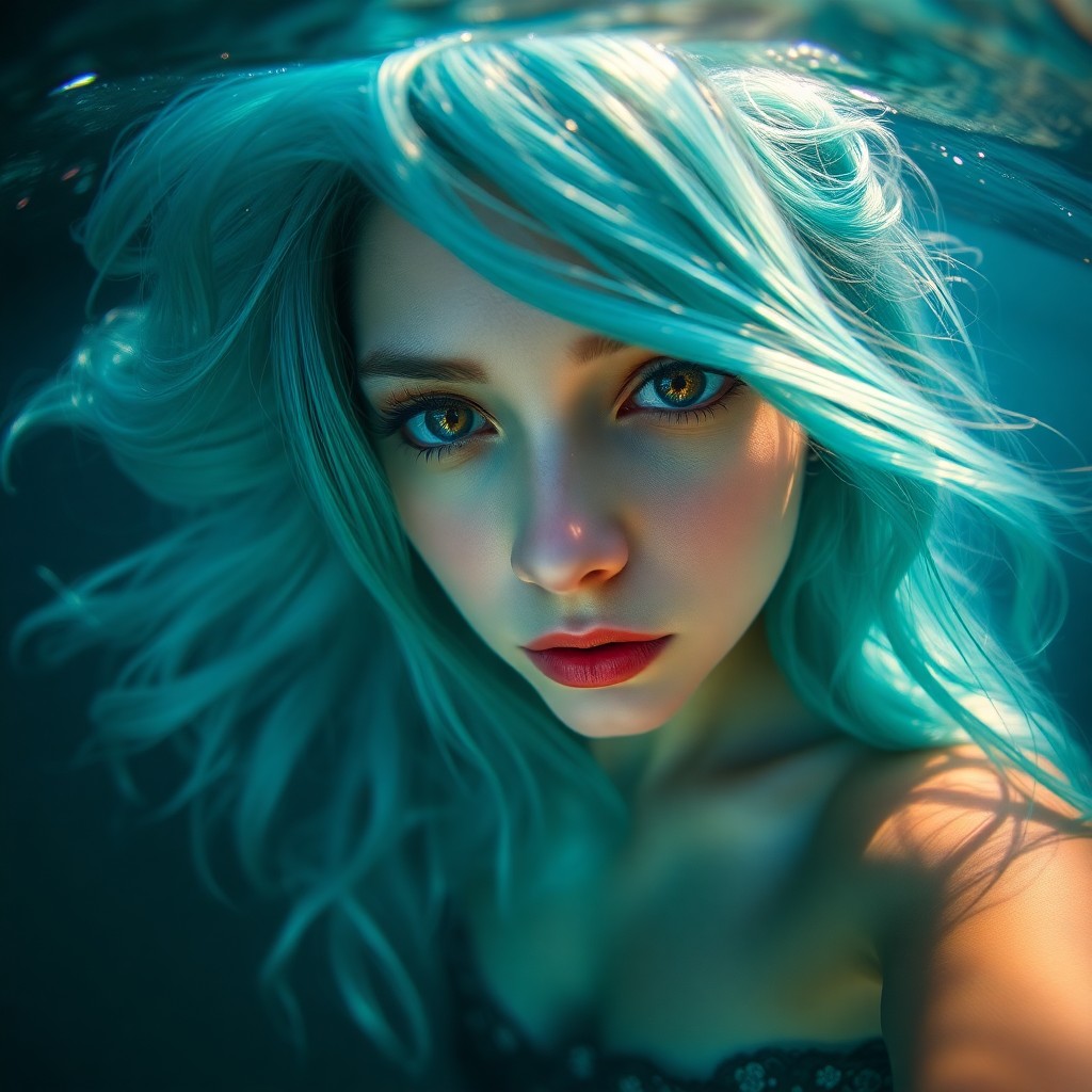 AI generated art for prompt: An enchanting portrait in a dreamlike surrealist style, showcasing an ethereal mermaid with flowing 