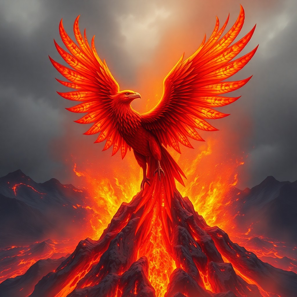 AI generated art for prompt: A digital illustration depicting an awe-inspiring phoenix rising from a volcanic eruption, with intr