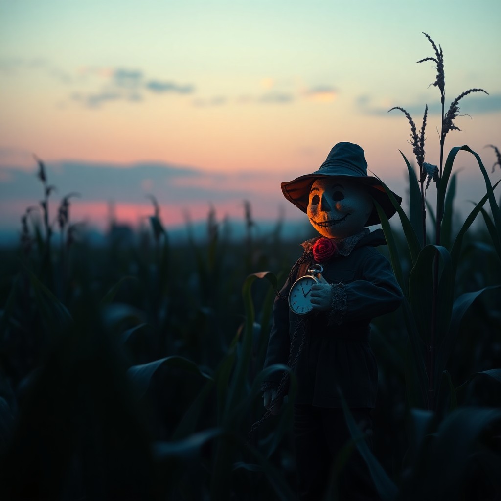 AI generated art for prompt: A surreal digital artwork captures a solitary scarecrow positioned in an eerie cornfield bathed in t