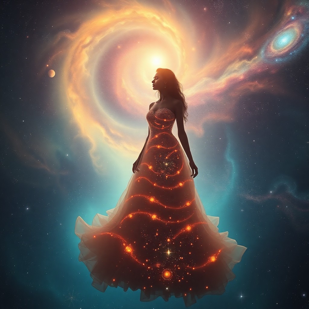 AI generated art for prompt: A captivating digital artwork showcases an enigmatic celestial figure adorning a cosmic gown, effort