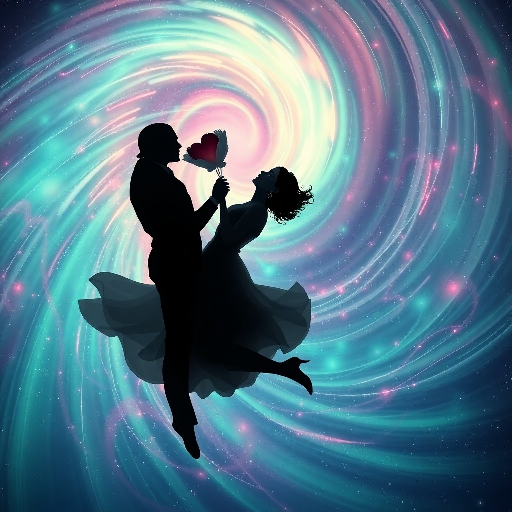 AI generated art for prompt: A mesmerizing digital artwork depicts two intertwined figures in a dreamlike dance, their silhouette