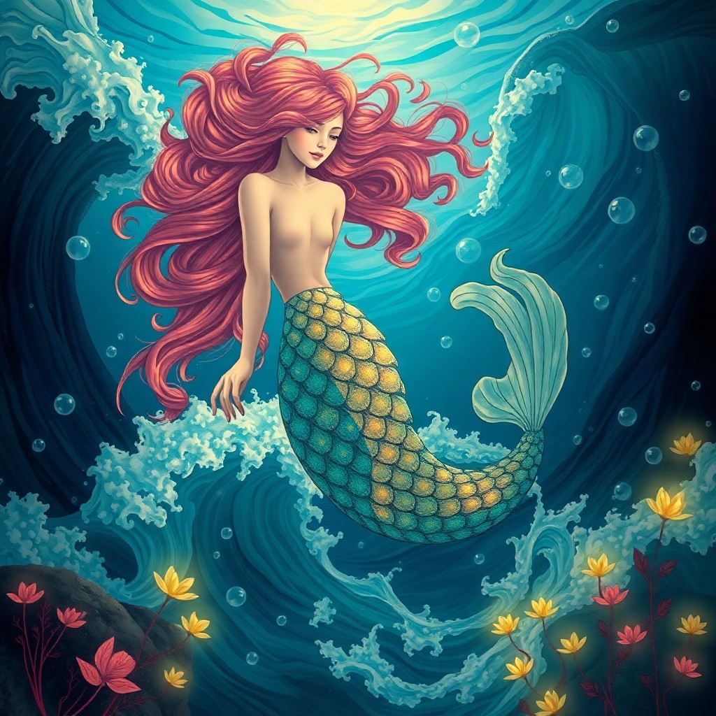 AI generated art for prompt: Craft an Art Nouveau-inspired image depicting a mesmerizing sea nymph emerging from a tumultuous oce