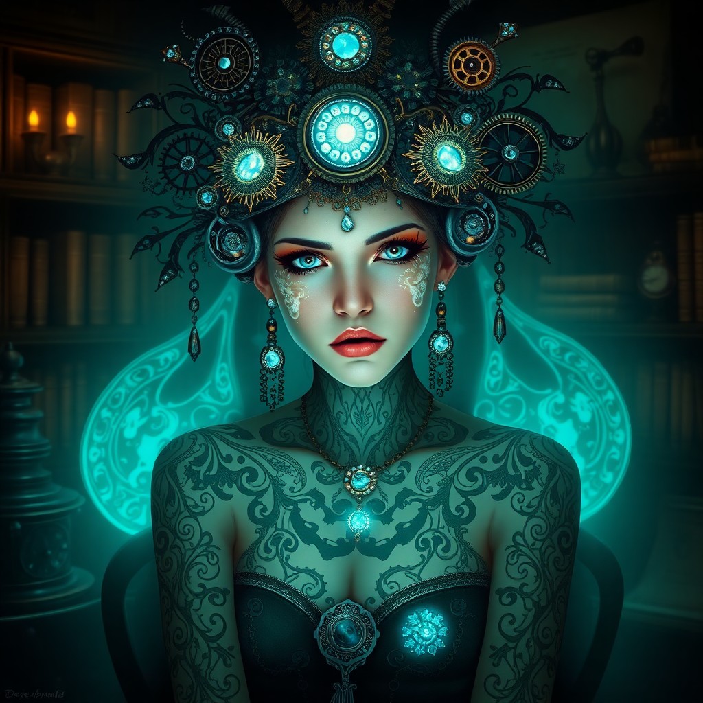 AI generated art for prompt: A captivating digital art portrait of an enigmatic female figure in a fusion of Art Nouveau and Stea