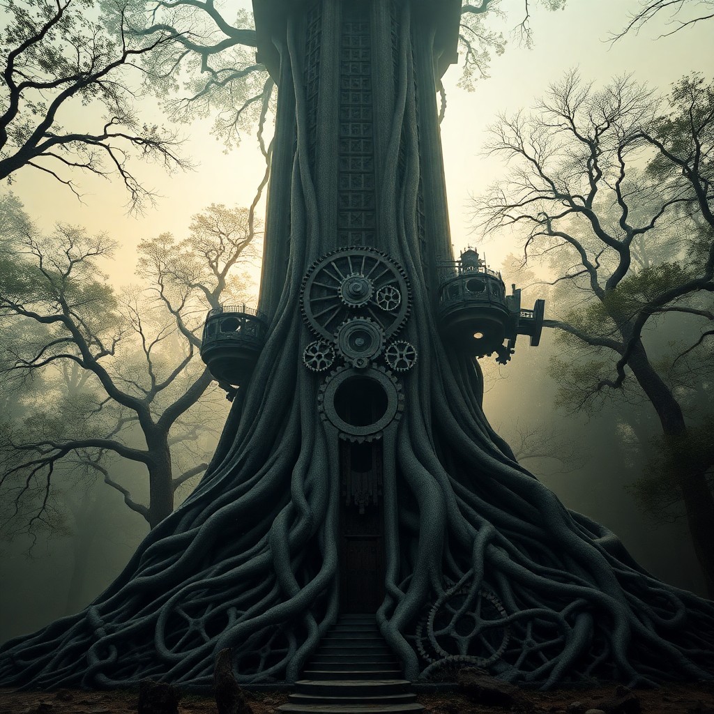 AI generated art for prompt: A surreal scene unfolds, blending Victorian-era grandeur with organic forms, reminiscent of Dali's d