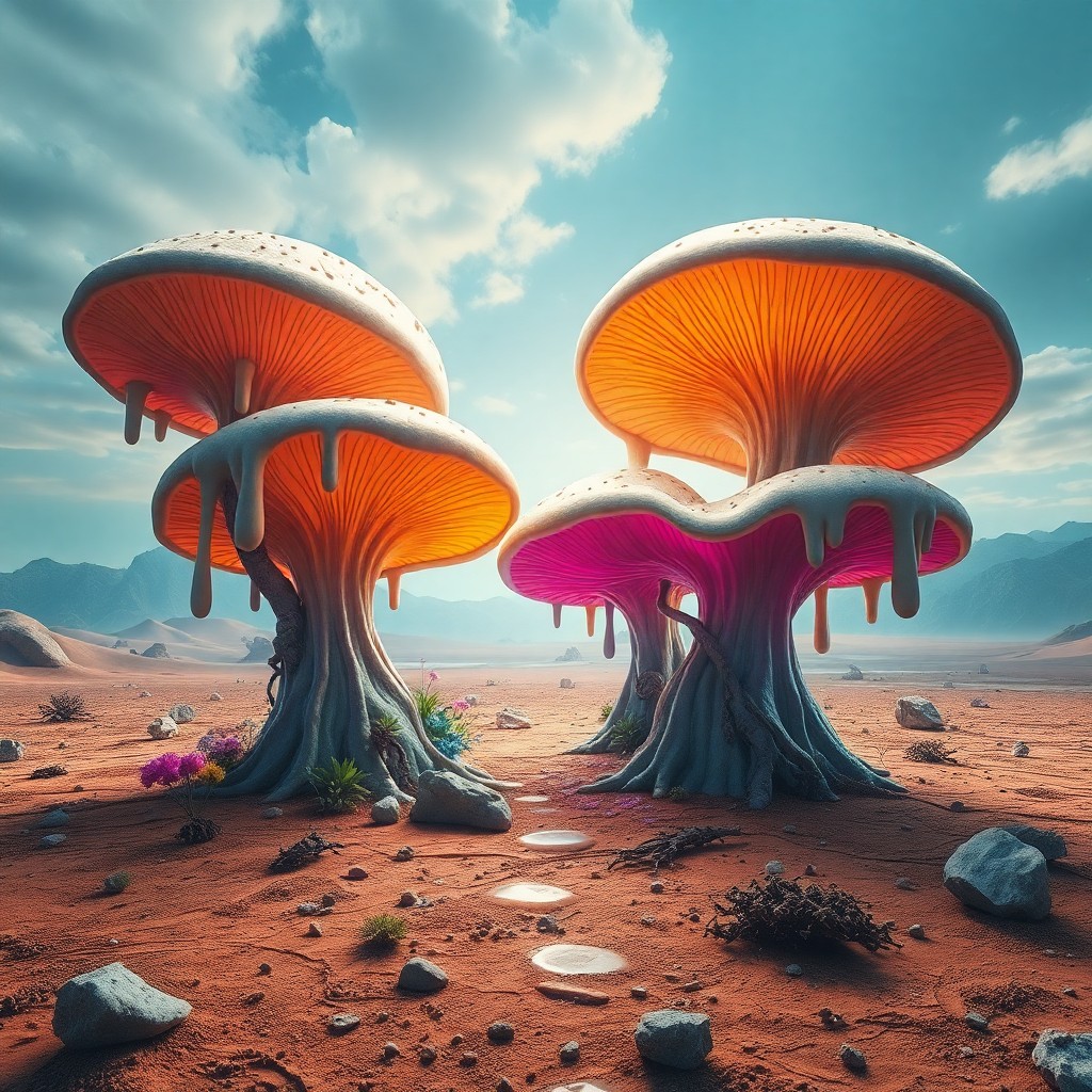 AI generated art for prompt: Envision an enchanting digital artwork depicting a surreal garden emerging from a barren desert. Ove