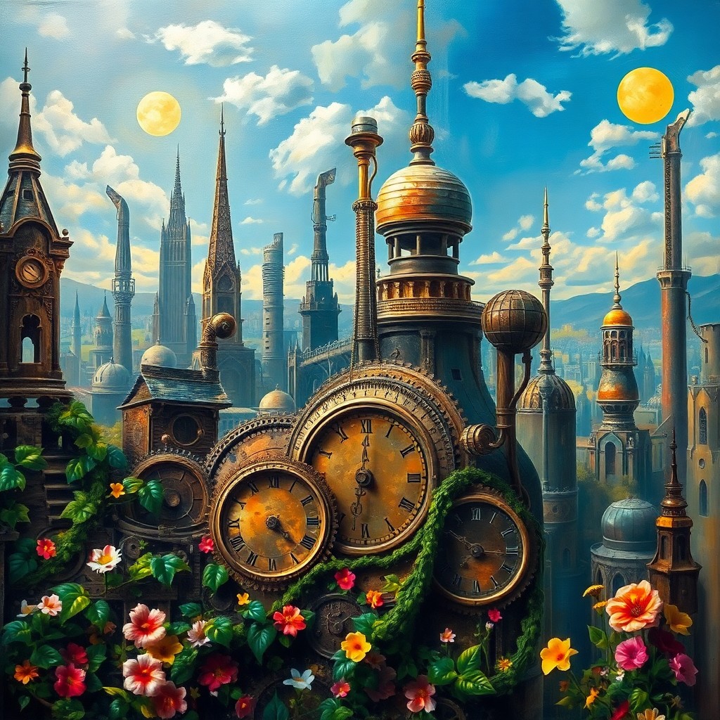 AI generated art for prompt: Visualize an enchanting oil painting depicting a whimsical cityscape from a unique perspective, remi