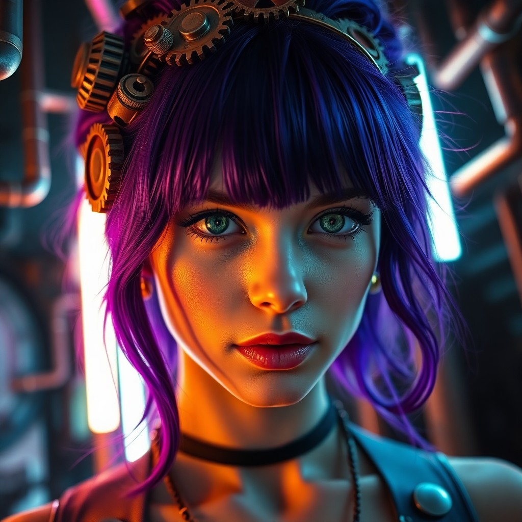 AI generated art for prompt: An intricate digital art portrait depicts a young woman with deep purple hair and piercing green eye