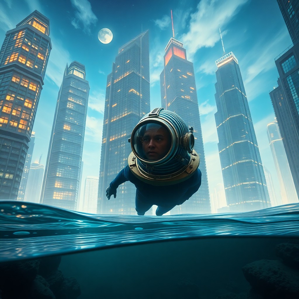 AI generated art for prompt: A dreamlike cityscape emerges from an underwater perspective, where skyscrapers resembling towering 