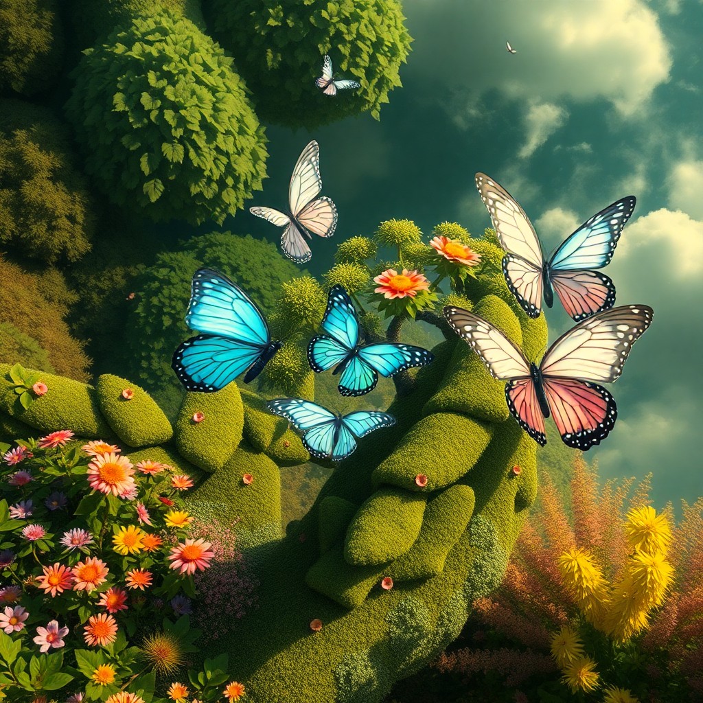 AI generated art for prompt: An enchanting digital artwork captures a dreamlike garden from an aerial perspective, reminiscent of