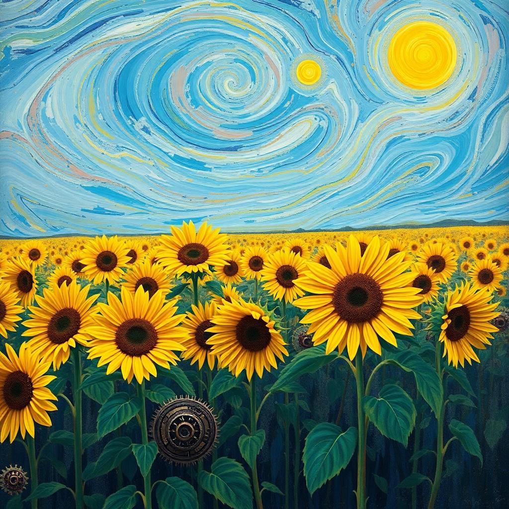 AI generated art for prompt: Craft an impressionistic landscape where sunflowers bloom in a vibrant field, their petals interwove