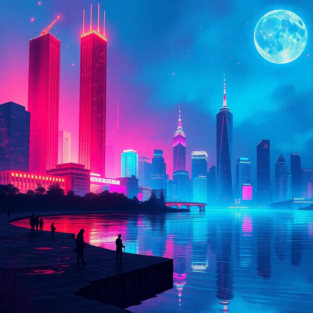 AI generated art for prompt: Craft an alluring digital artwork showcasing a lively, neon-drenched city panorama at dusk, with soa