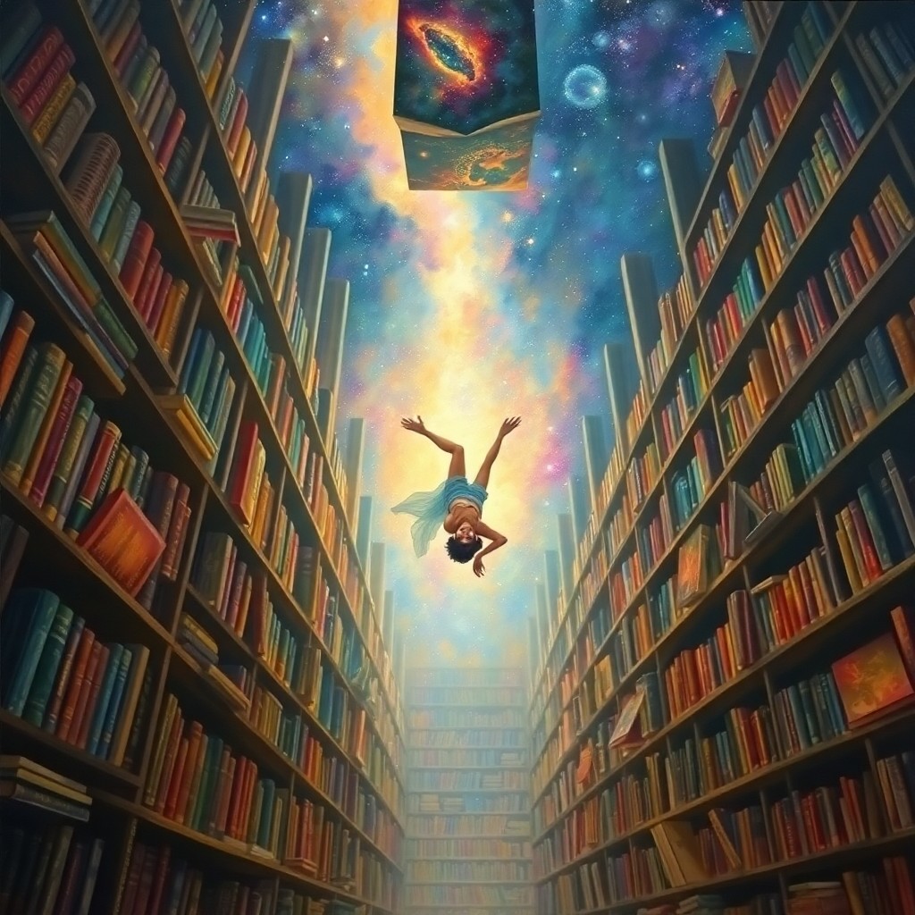 AI generated art for prompt: A surreal oil painting captures an ancient library with towering bookshelves extending into a cosmic