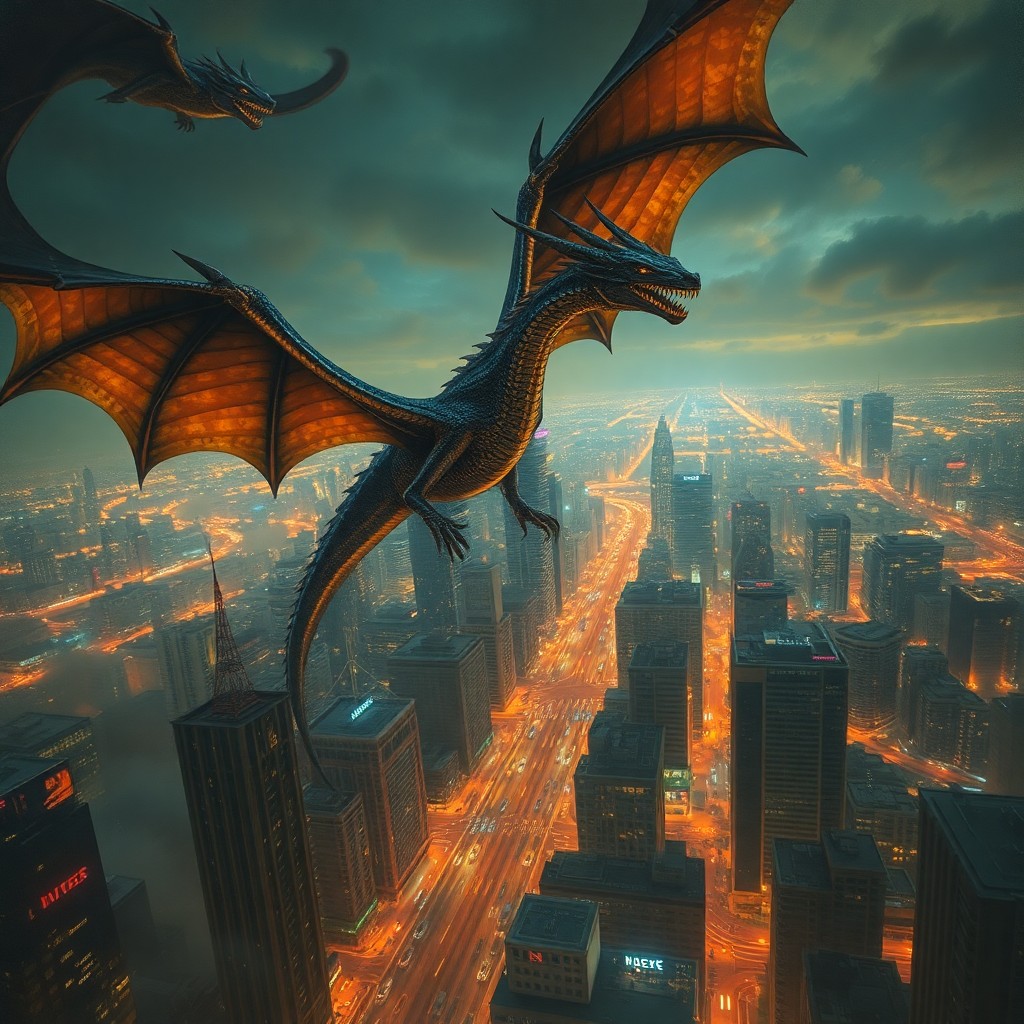 AI generated art for prompt: A majestic dragon gracefully soars above a sprawling cyberpunk metropolis, its scales reflecting the