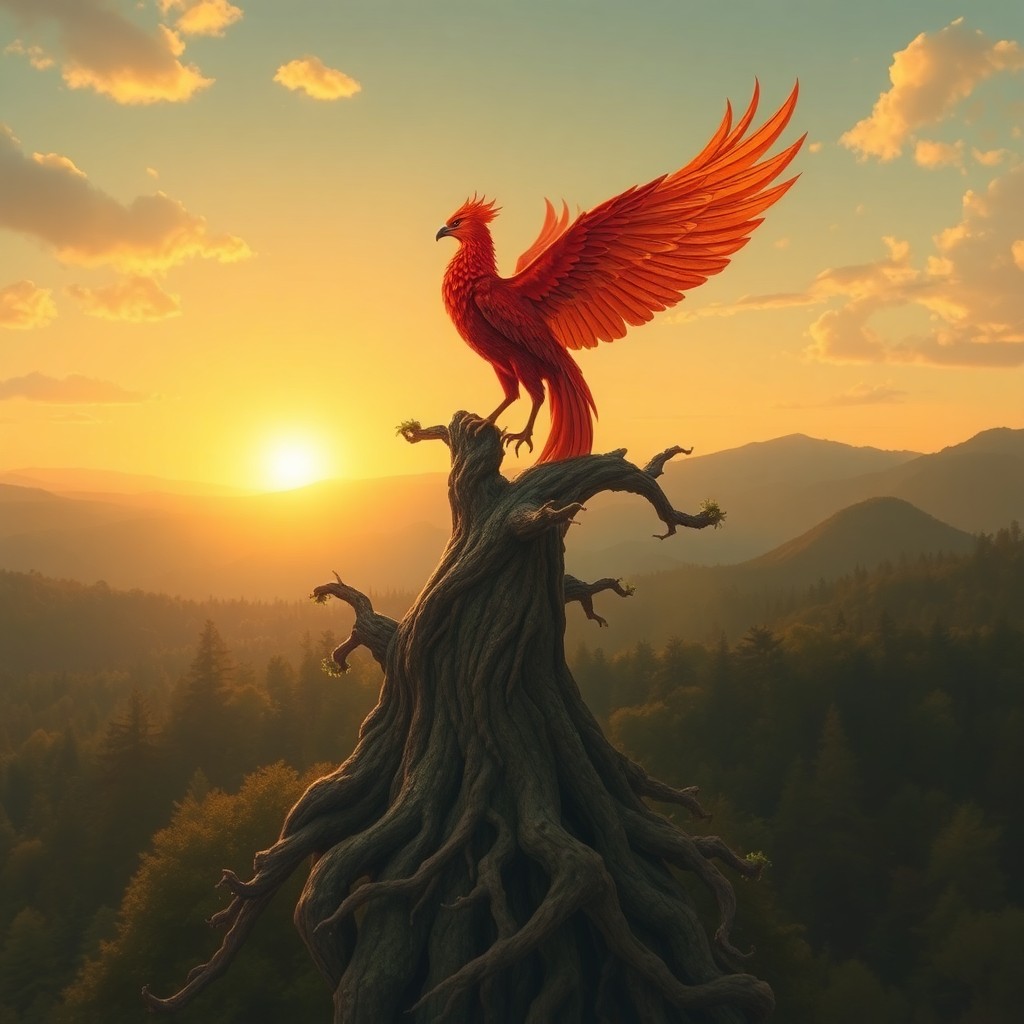 AI generated art for prompt: Visualize an enchanting scene reminiscent of Gustave Doré's illustrations, where a majestic phoenix 