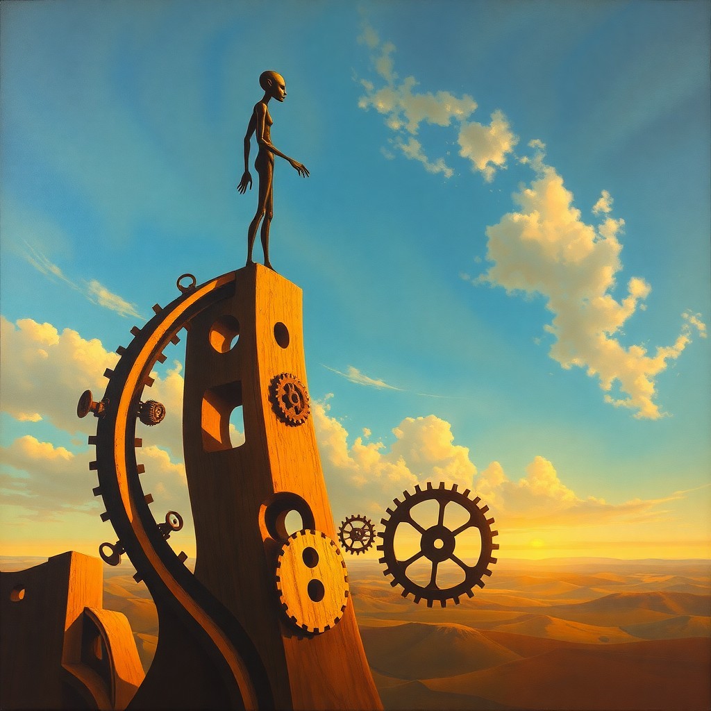 AI generated art for prompt: An enigmatic figure with elongated limbs and an oversized head stands atop a surrealistic tower, def