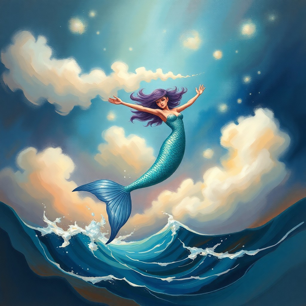 AI generated art for prompt: A whimsical portrait depicting a mermaid with shimmering scales in mid-leap, defying gravity as she 