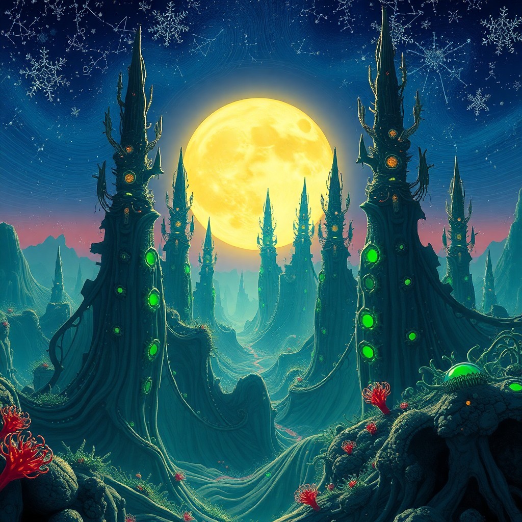 AI generated art for prompt: An inventive blend of vibrant hues reminiscent of Van Gogh's celestial landscapes and intricate, oth