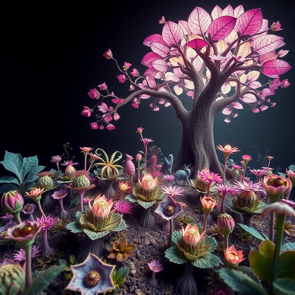 AI generated art for prompt: Craft an image depicting a fantastical garden scene from a unique perspective, reminiscent of intric
