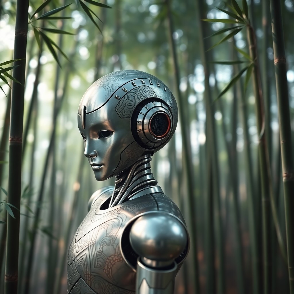 AI generated art for prompt: An enigmatic android stands amidst a tranquil bamboo forest, its metallic form adorned with intricat