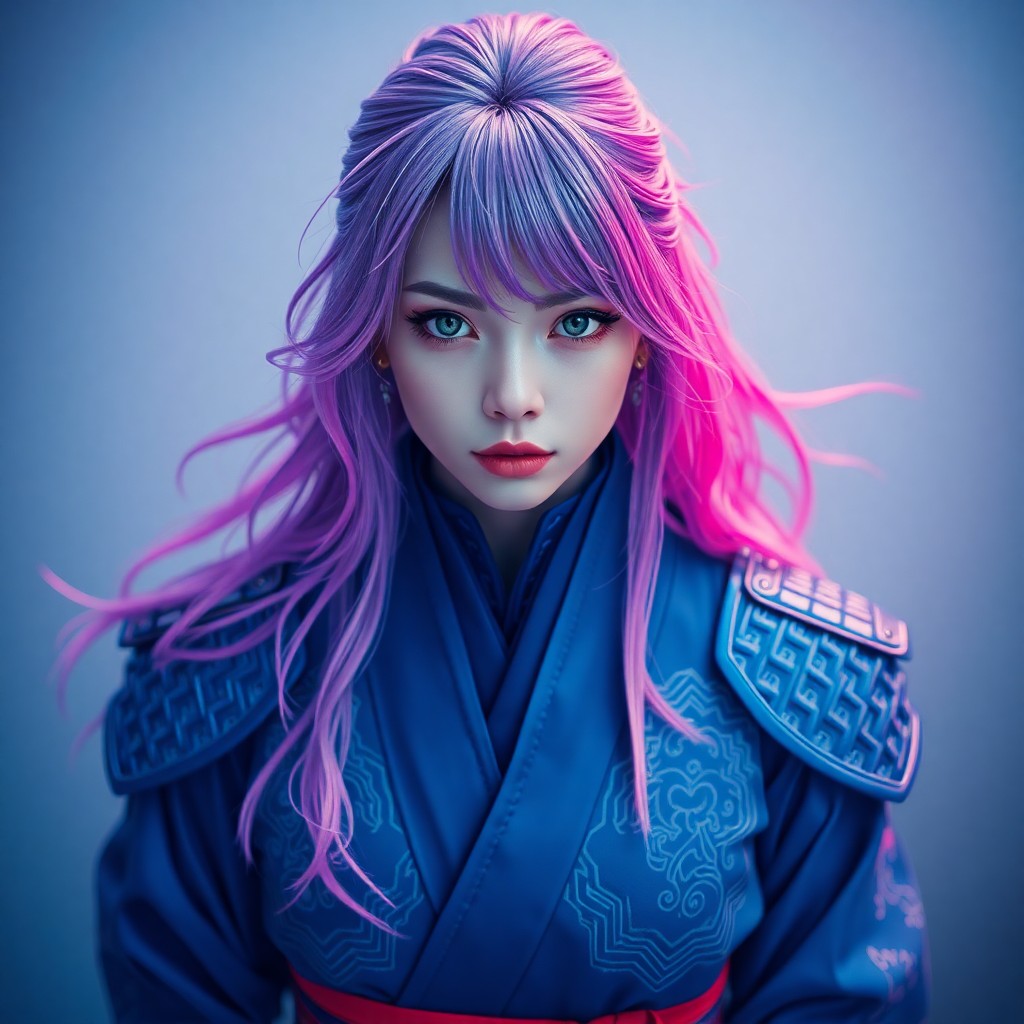 AI generated art for prompt: A surreal digital art portrait showcasing a female samurai with cascading, iridescent violet hair, a