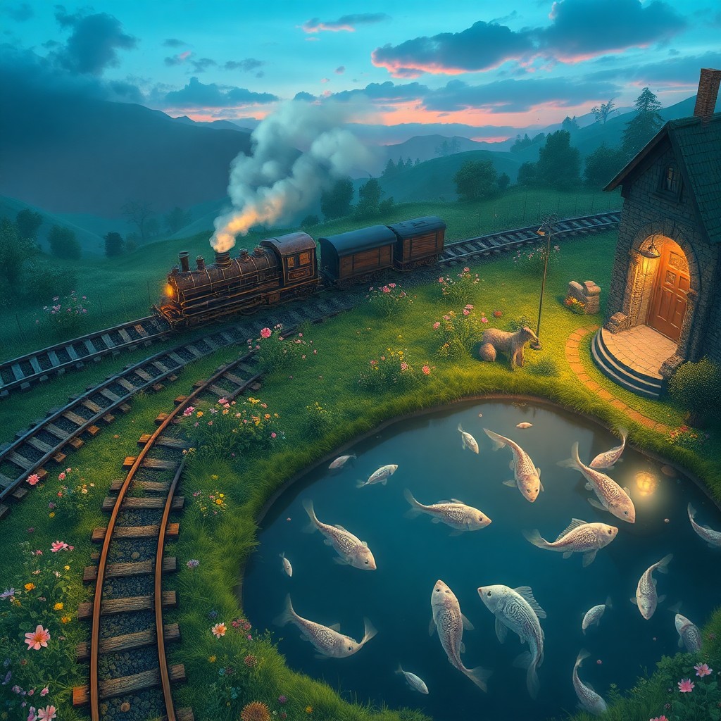 AI generated art for prompt: A whimsical digital artwork captures an enchanted train station scene, reminiscent of magical realis