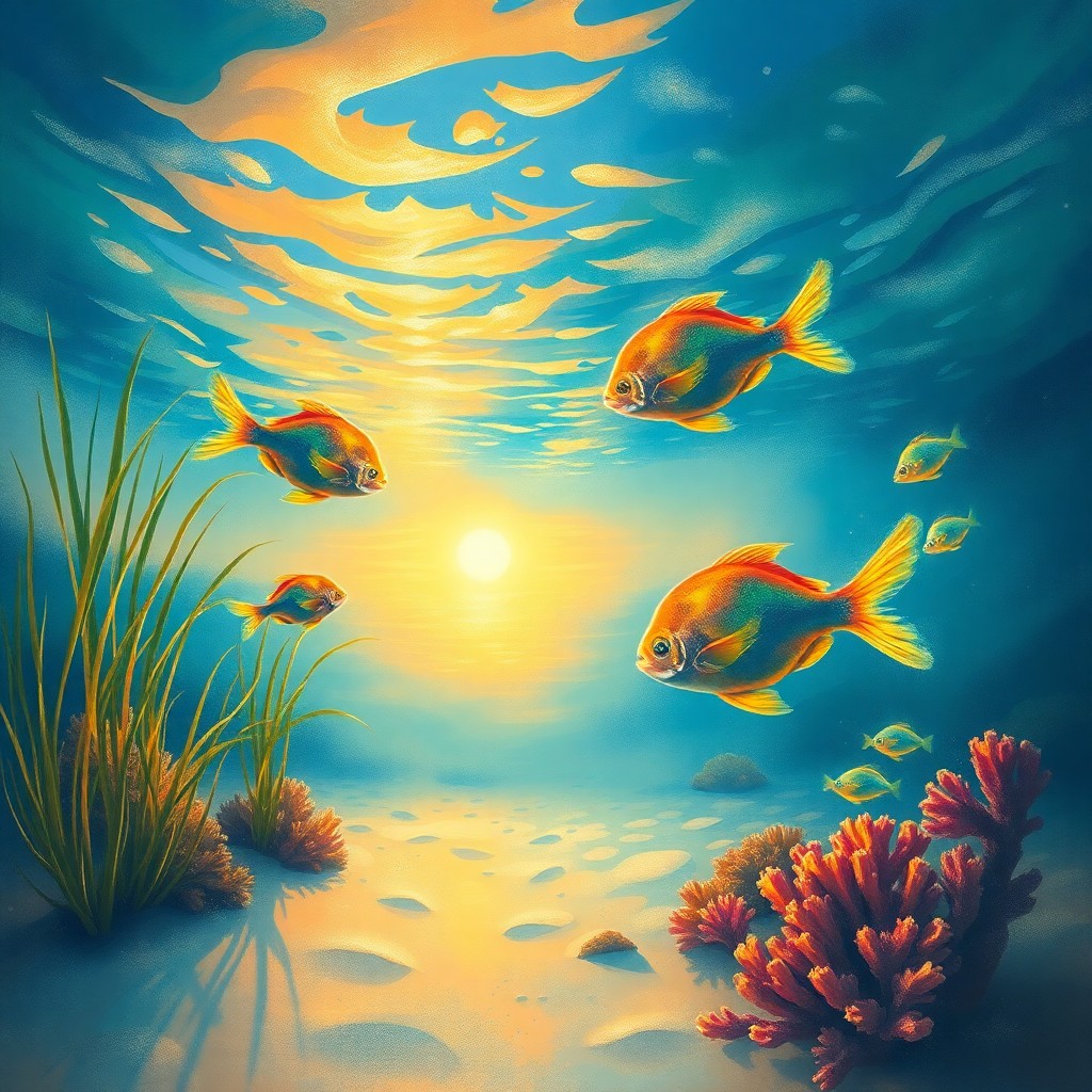 AI generated art for prompt: Create an impressionistic seascape at dusk, capturing a unique underwater perspective as iridescent 