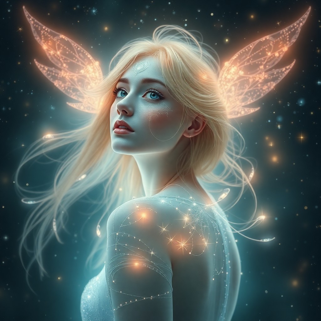 AI generated art for prompt: An enchanting digital art portrait depicts an ethereal figure reminiscent of a celestial being, capt