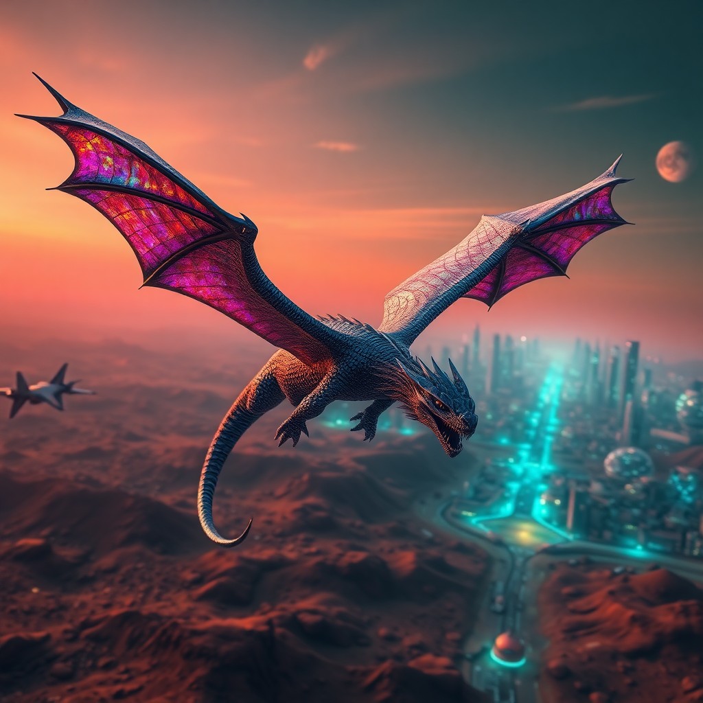 AI generated art for prompt: A mesmerizing digital art piece captures an awe-inspiring dragon soaring across a Martian-like terra