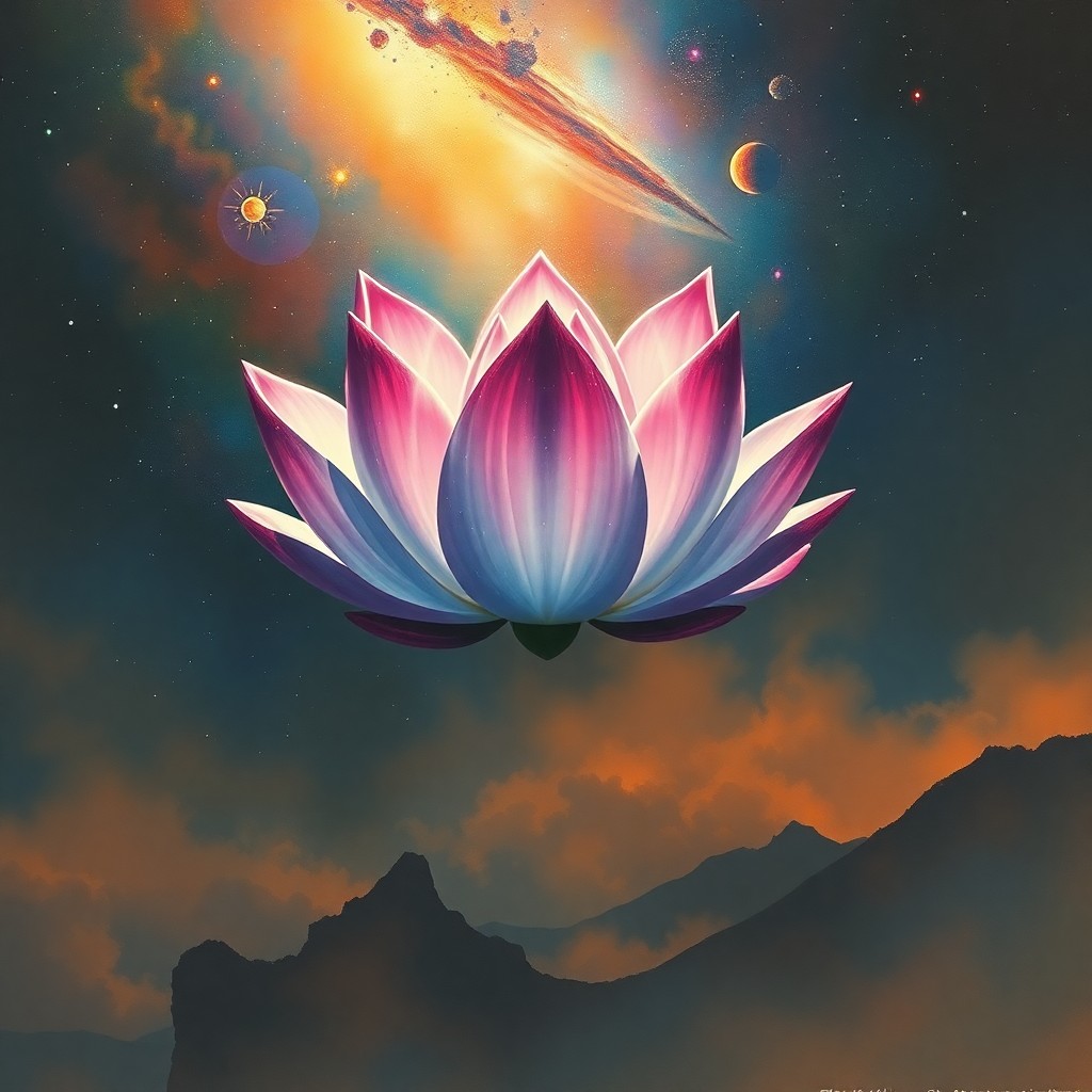 AI generated art for prompt: An enchanting image showcases a tranquil lotus flower hovering in mid-air above an otherworldly, sha